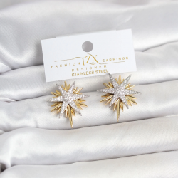 Mey İthalat® Zirkon Taşlı Pirinç Kutup Yıldızı Gold ve Gümüş Renk Kadın Küpe