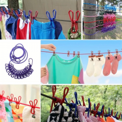 Mey İthalat® Taşınabilir Seyahat Çamaşır İpi 12 Mandallı Klipsli Lastikli Çamaşır Mandalları