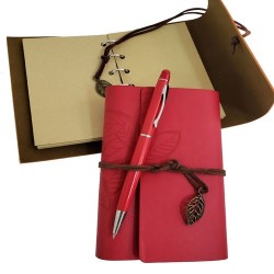 Özel Ahşap Kutulu Kırmızı Deri Defter ve Kalem Set