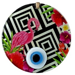 Pembe Flamingolu Çiçekli Nazar Boncuklu 15 Santimetre Çapında Duvar Süsü