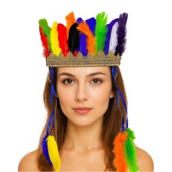 Rengarenk Tüylerle İşlenmiş Lastikli Kızılderili Başlığı